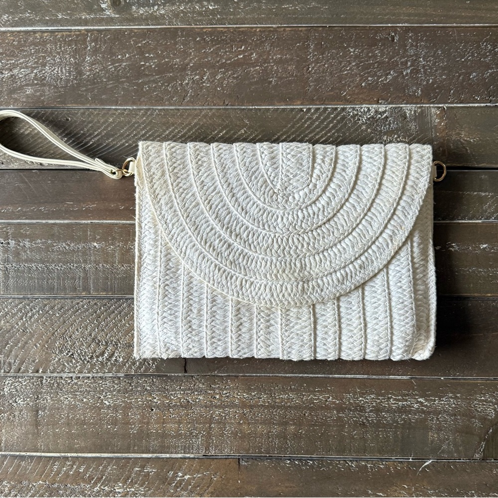 Cream Woven Clutch with Semicircular Flap